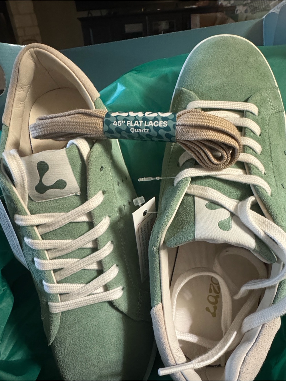 NIB Lazo Green Suede Sneakers w/Cream Laces SZ 6.5 EU37 Run small